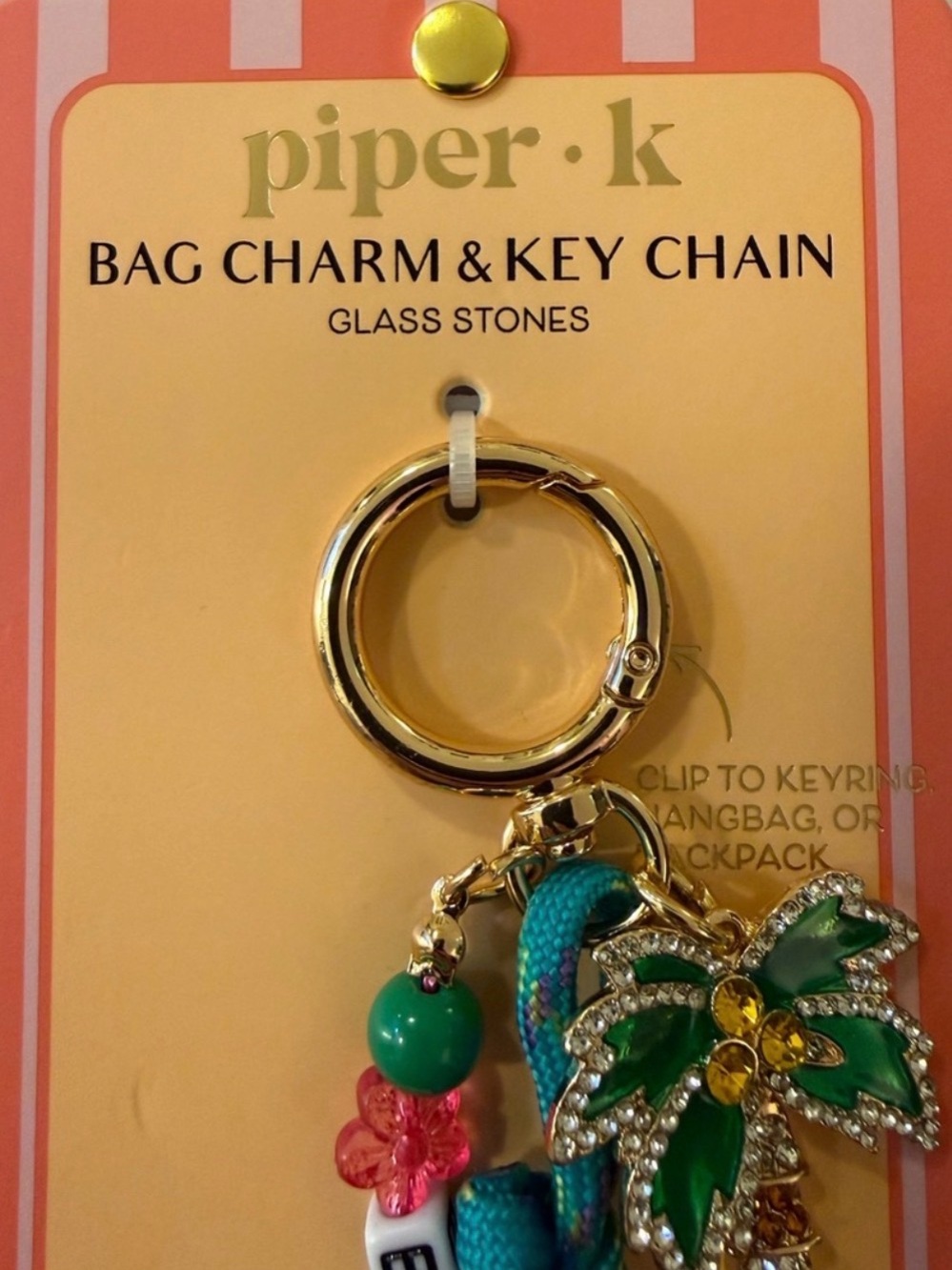 Piper K Green & Multicolor Palm Tree/Flower Bag Charm Key Chain - Picture 6 of 7